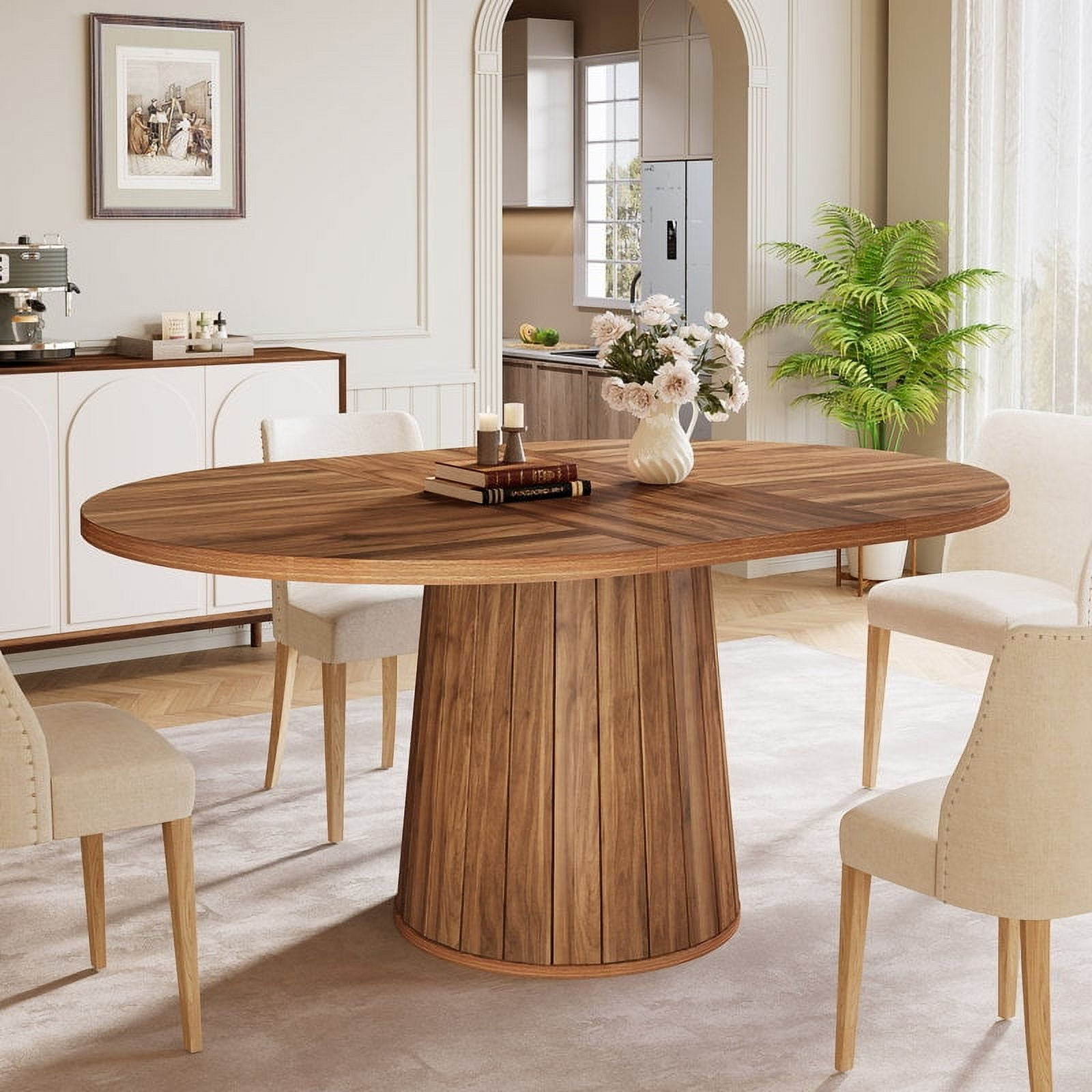 Tribesigns 55.11-Inch Oval Wood Dining Table with Cylindrical Pedestal for Dining Room (Brown)