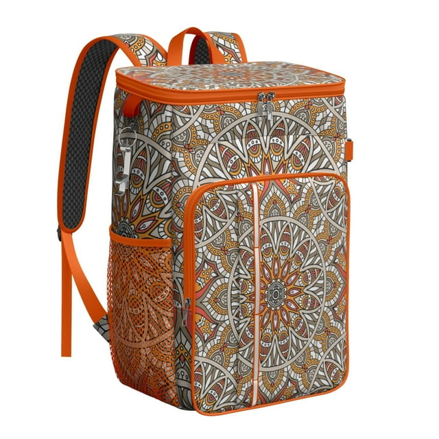 Cooler Backpack Mandala Ethnic Zen Pattern, Leak Proof Lunch Backpack, Tribal Abstract Floral Design Bag for Outdoor Beach Camping