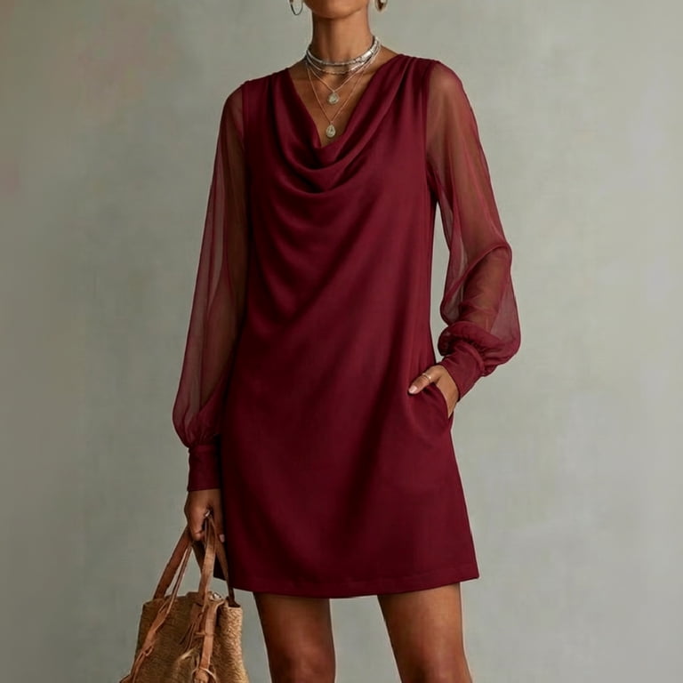 CIENVNSTG Wedding Guest Dresses For Women Cowl Neck Sheer Lantern Sleeve Mini Shift Dress Loose Casual Tunic Dress with Pockets Red S