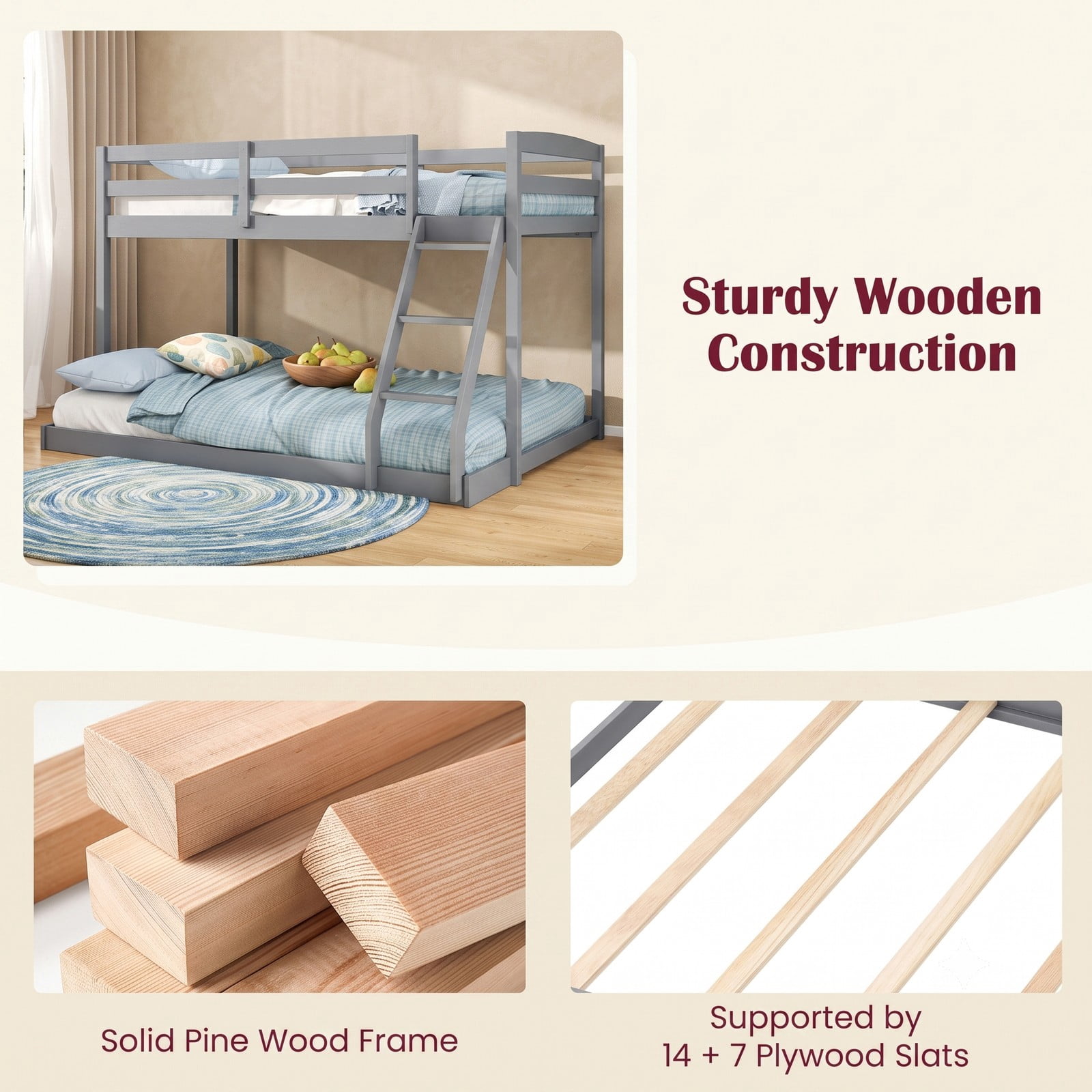 Furnibear Twin Over Full Low Floor Wood Bunk Bed with Guardrails and Integrated Ladder for Kids Teens and Guest Rooms, Gray