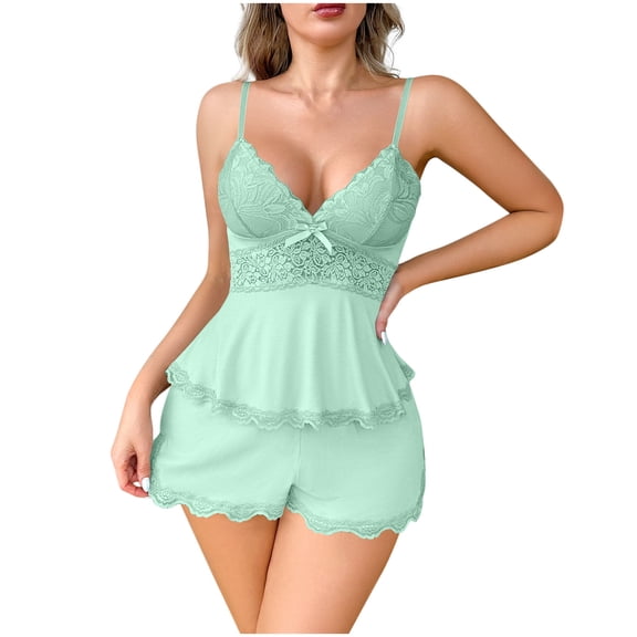 VONCOS Womens Loungewear Set 2-Piece Pajama Shorts - Mint Green Lace Trim Camisole & Relaxed Sleepwear Shorts | Soft Stretchy Peplum Top,Size 2XL