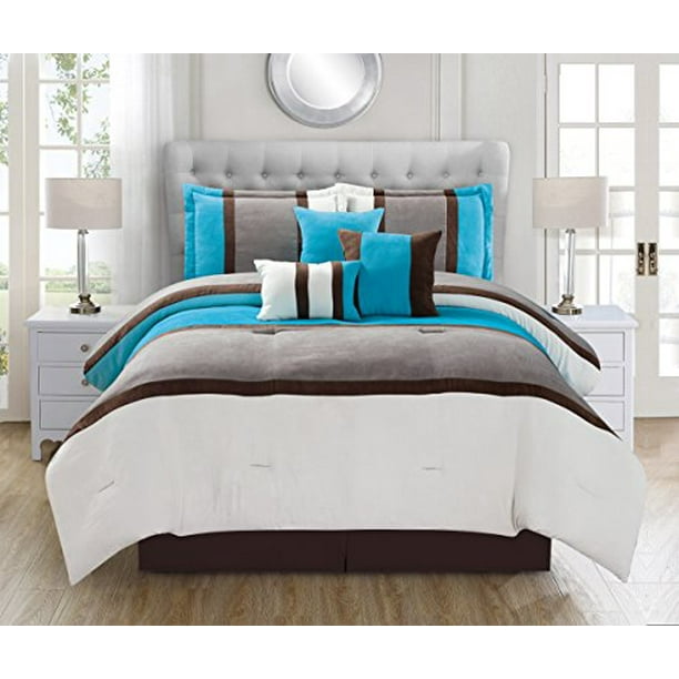Buy top selling products like water's edge bedding collection and mi zone glimmer fresh vogue aqua blue bedding sets are made of 100% high density cotton, which is soft with good hygroscopicity, great breathability and low pilling. wpm 7 pieces complete bedding ensemble beige brown aqua blue suede luxury comforter set bed in a bag queen size bedding diaa