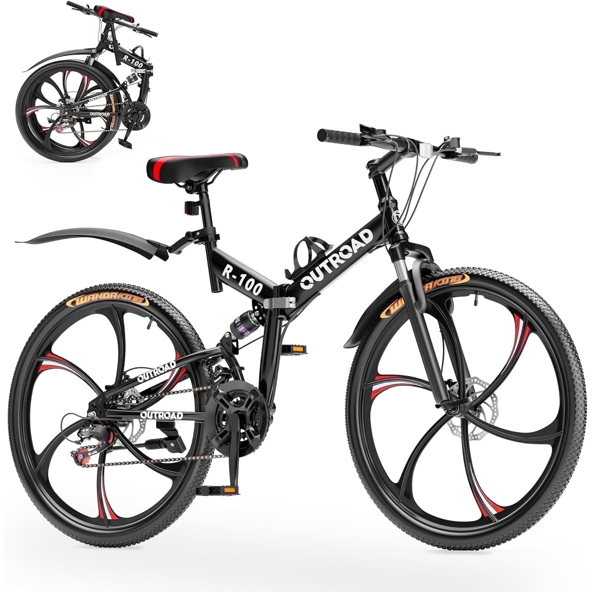Marknig 26 inch Folding Mountain Bike, 21 Speed Full Suspension High-Carbon Steel MTB Foldable Bicycle, Dual Disc Brake Non-Slip Folding Bikes for Adults/Men/Women, Black