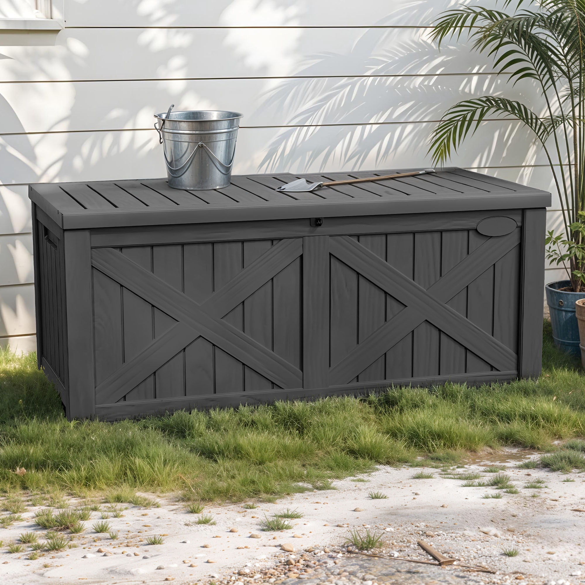 Uforic 120 Gallon Large Outdoor Deck Box, Outdoor Resin Storage Boxes  with X-Shaped Front ,Waterproof & Lockable,Dark Gray