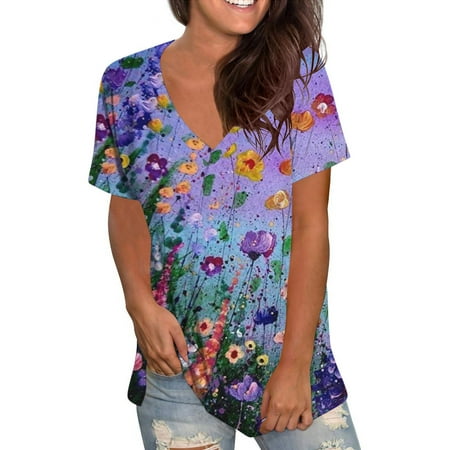 

Kakina CMSX Clearance Womens Shirts for Summer Fashion Women s Summer V-Neck Short Sleeve Print Casual T-shirt Blouse