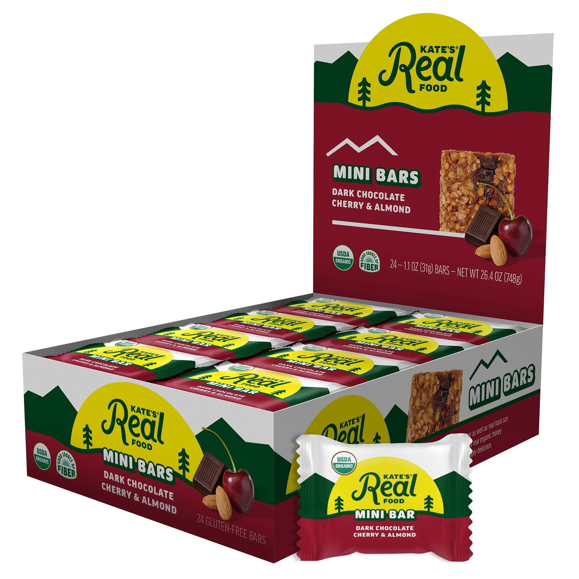 Kate’s Real Food Organic Granola Dark Chocolate Cherry & Almond All Natural Mini Energy Bars - Non GMO, Soy Free, Whole Grain, and Made with Gluten Free Oats - 24 count