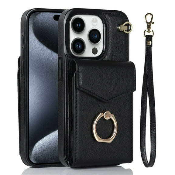 For iPhone 15 Pro Case Premium PU Leather Accordion Folding Wallet &Card Holder With RFID Shielding Material Phone Case ,with Adjustable Ring Holder And Wristband,black,For iPhone 15 Pro