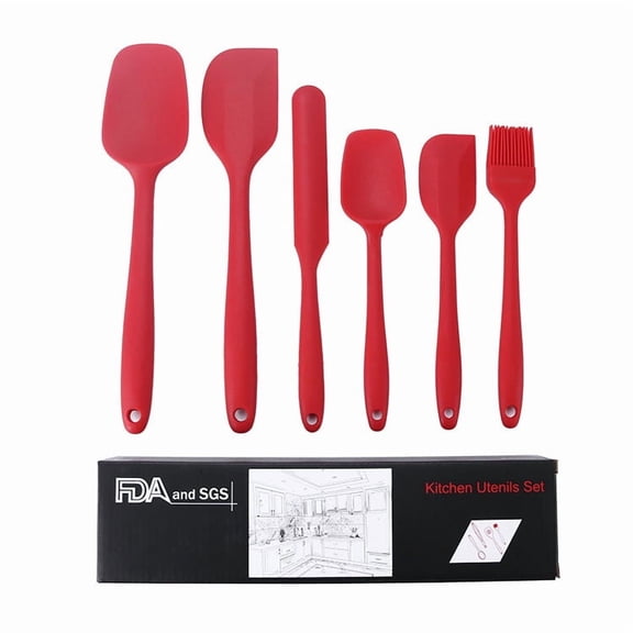 Kitchen Baking Cream Spatula & Silicone Scraper Set, 6-Piece Silicone Brush & Spatula Kit for Baking (Red, 6-Piece)