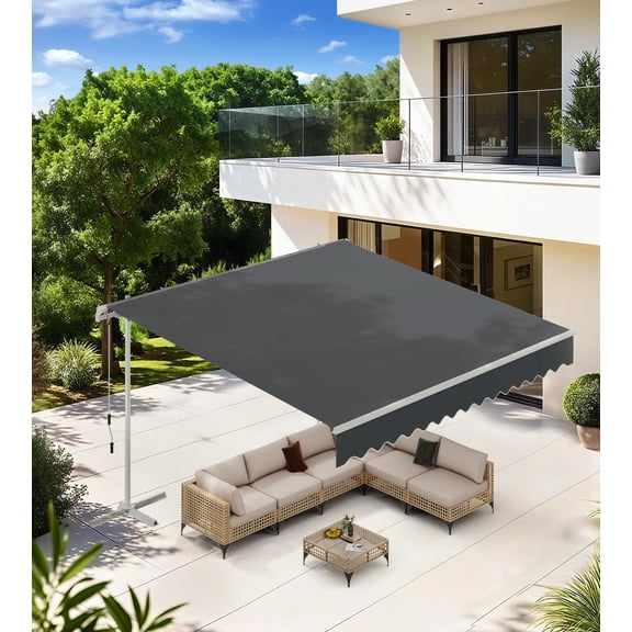 YODOLLA YODOLLA 13'x10' Free Standing Retractable Awning, Sun Shade Patio Awning Cover Outdoor Patio Canopy Awnings with Manual Crank Handle, Dark Gray