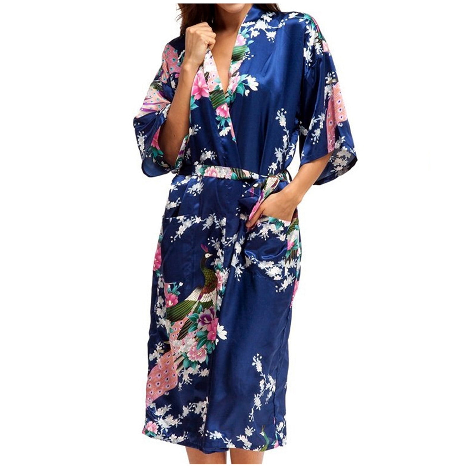 Womens Peacock Long Satin Bathrobe Kimono Nightgown Long Dress Gown 