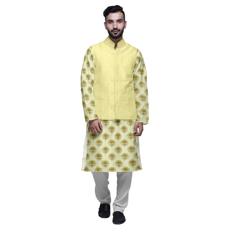 

Atasi Mens Kurta Pajama Jacket Indian Mandarin Collar Printed Ethnic Wear Set