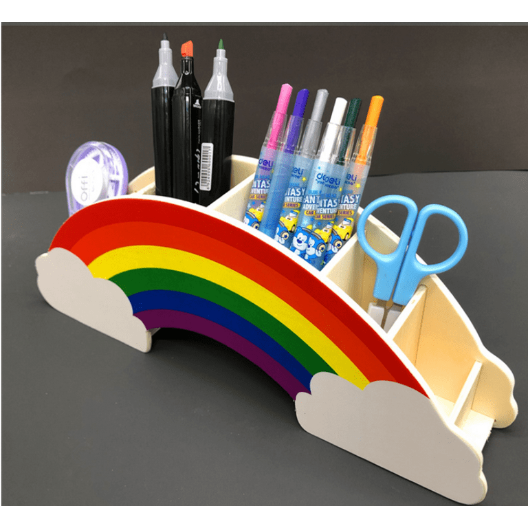 Rainbow Pen Holder Acrylic Kids Desk Organizer 5 Compartments Cute Desktop Pencil Organizer for Home, Office, School