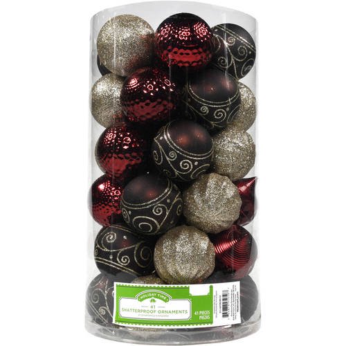 Holiday Time Christmas Ornaments 60mm Shatterproof Ornament, Set of 41