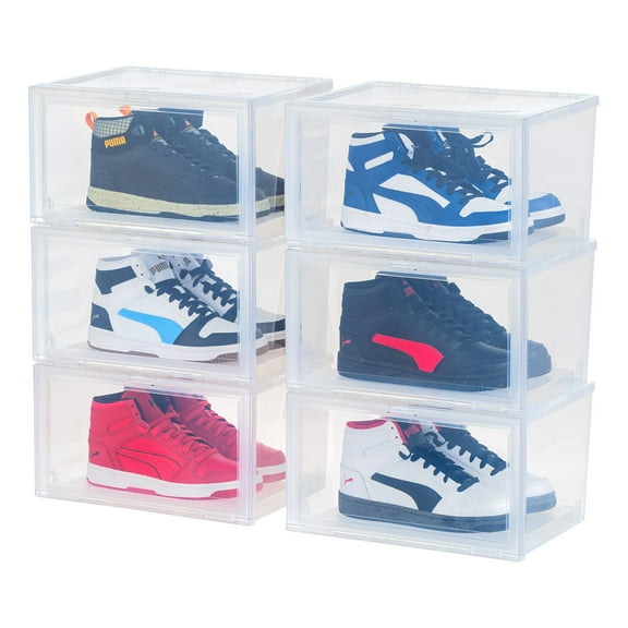 IRIS USA Stackable Shoe Display Box with Flip Down Door, 6-Pack, Shoe Organizer Container with Side Display for High-Top Sneakers, Clear