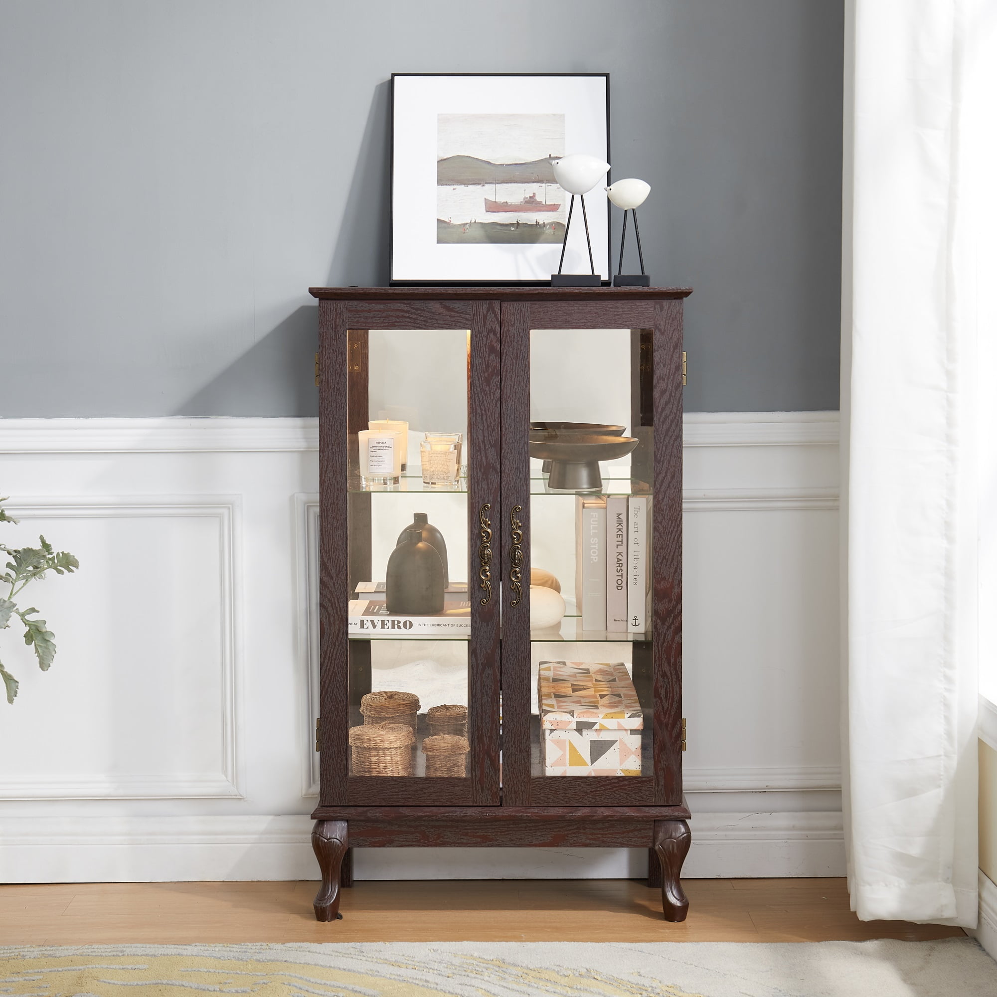 Miniyam Curio Display Cabinet with Light & Tempered Glass Doors, Dark Walnut