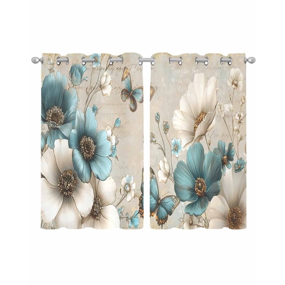 Teal Tulip Butterfly Sheer Curtains 45 Inch Length 2 Panels Set for Living Room/Bedroom, Beige Turquoise Floral Vintage Rustic Kitchen Curtains Grommet Semi-Sheer Curtains Window Treatments 42"x45"x2