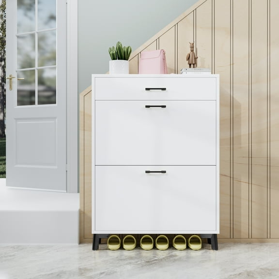 Lisonu Modern Shoe Cabinet, Slim Entryway Shoe Organizer with 2 Flip Drawers and Metal Legs, Hidden Shoe Rack Storage, White & Gold