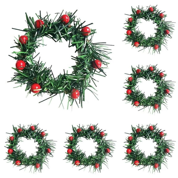 6 PCS Holly Berry Candle Ring,Small Wreaths for Crafts,Small Artificial Red Berries Pine Needles Wreath for Christmas Garland Ornaments Decor