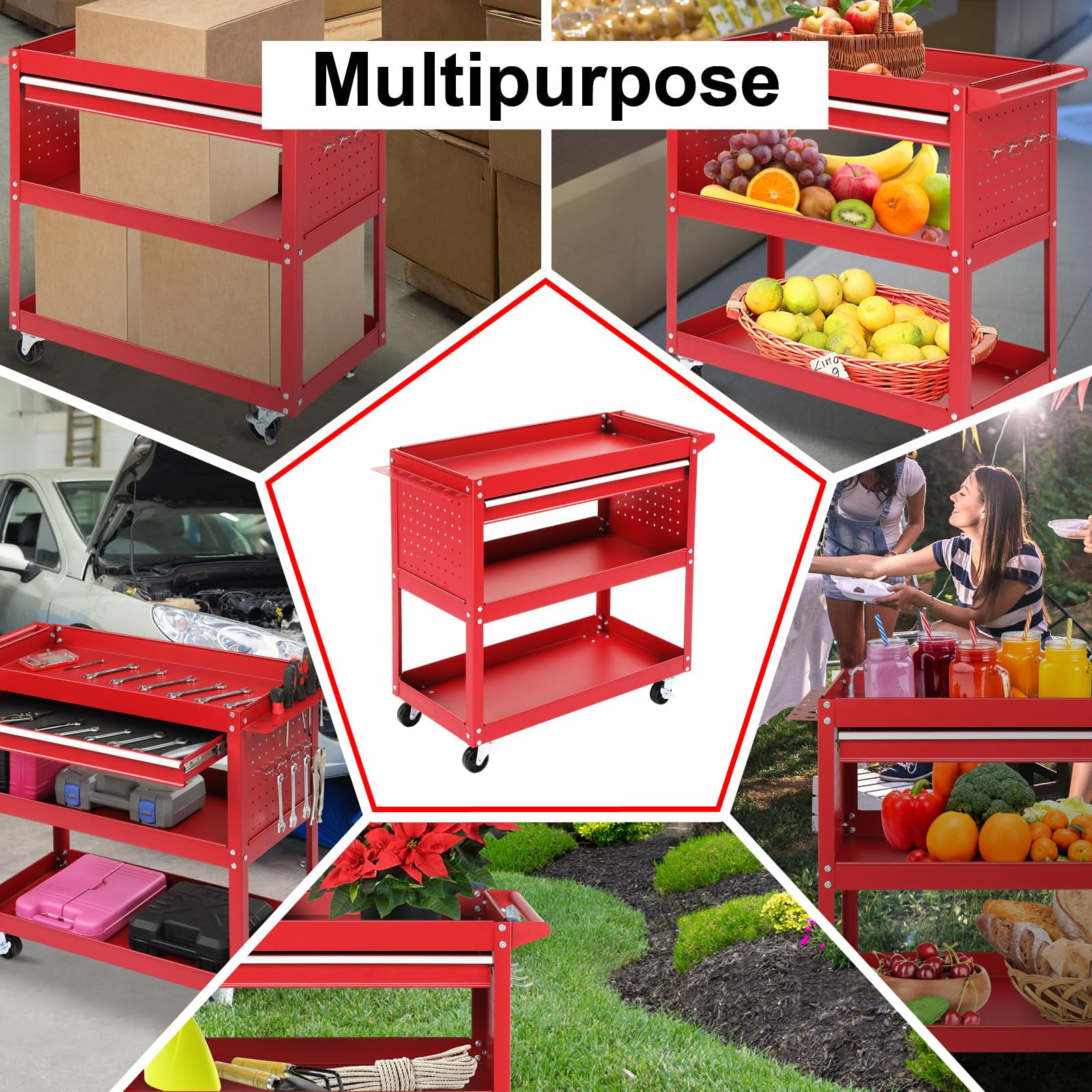 Yardmaster Heavy Duty Rolling Tool Cart, Industrial Utility Cart with Side Hooks, Pegboard, Shelf, 1 Drawer, 3-Tier Tool Box on Wheels, Red Powder-Coated Finish