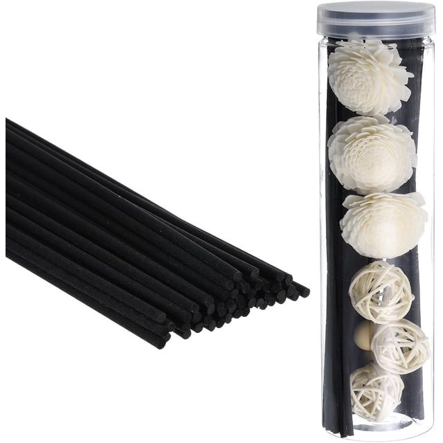 PATIKIL 20CM/8Inch Reed Diffuser Sticks Set, 50 Pack Fiber Aroma Fragrance Refill Sticks Replacement with Flower Decoration PET Bottle for Home Office, Black
