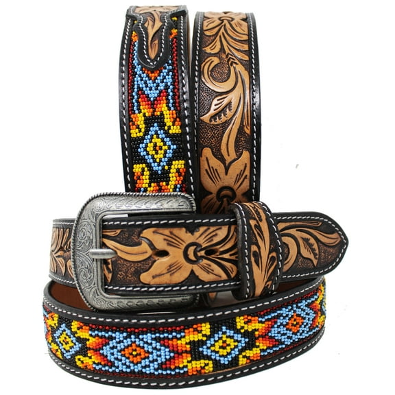 27-28 Unisex 1.5" Western Floral Tooled Beaded Full-Grain Leather Belt 26RT23A