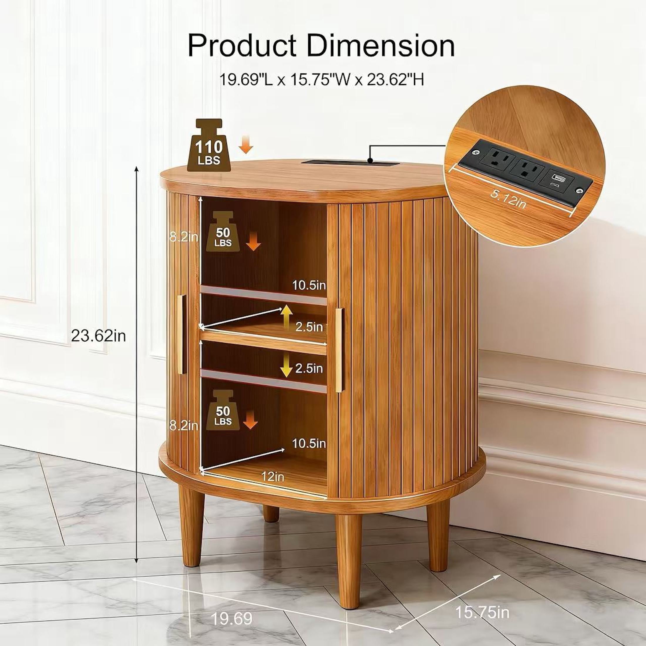 Aisword Nightstand with Charging Station, Fluted Accent Side Table with Sliding Door and Adjustable Shelf, End Table for Small Space, Yellow