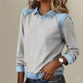 thumbnail image 6 of VISALY Women's Denim Collared Sweatshirt Patchwork Denim Pullover Tops Trendy Long Sleeve Shirts Henley Neck Button Up Tops Casual Lightweight Casual Fall Loose Sweatshirt Basic Tee Shirts Grey L, 6 of 7