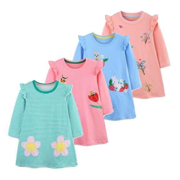 Emy Dola Toddler Girl Ruffle Long Sleeve Applique Dress Christmas Easter Cotton Casual Tunic Playwear Basic Shirt Dresses