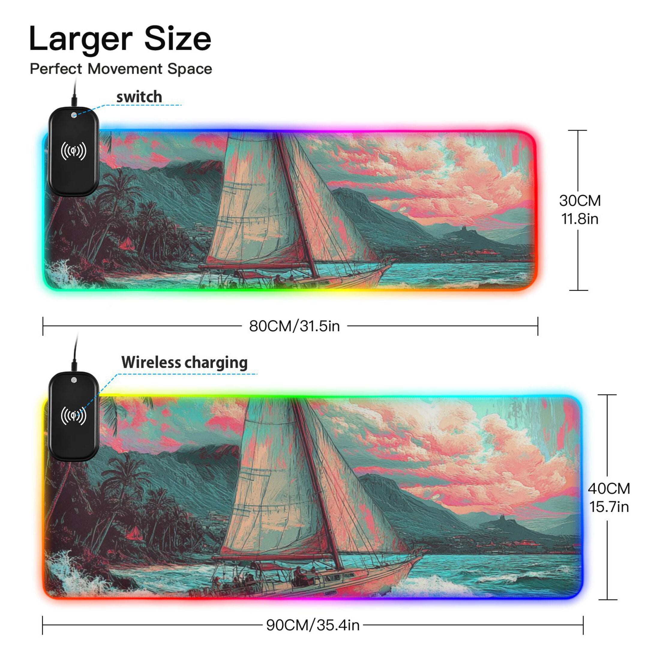 Sailboat at Sea RGB Gaming Mouse Pad Large Keyboard Mat Rubber Base 13 Light Modes