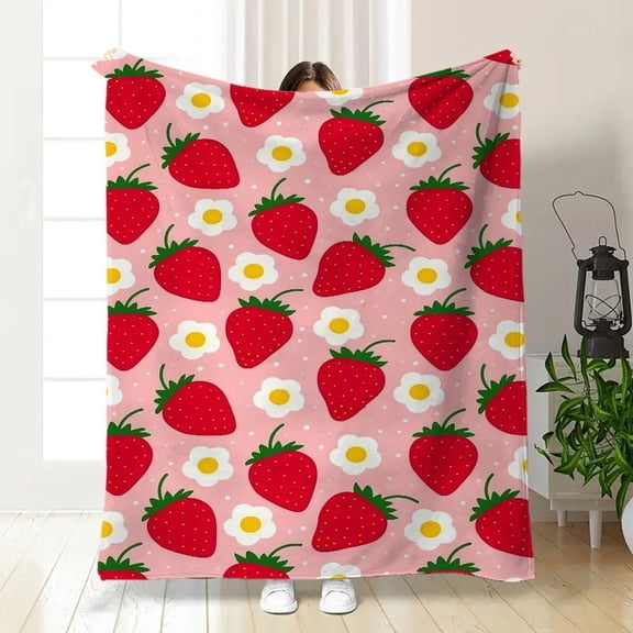 [Vibrant Bazaar] Strawberry Pattern Blanket, Soft Warm Throw Blanket, Air-conditioned Room Blanket, Warm Nap Blanket for Home Bedroom Living Room, Gift for Girls