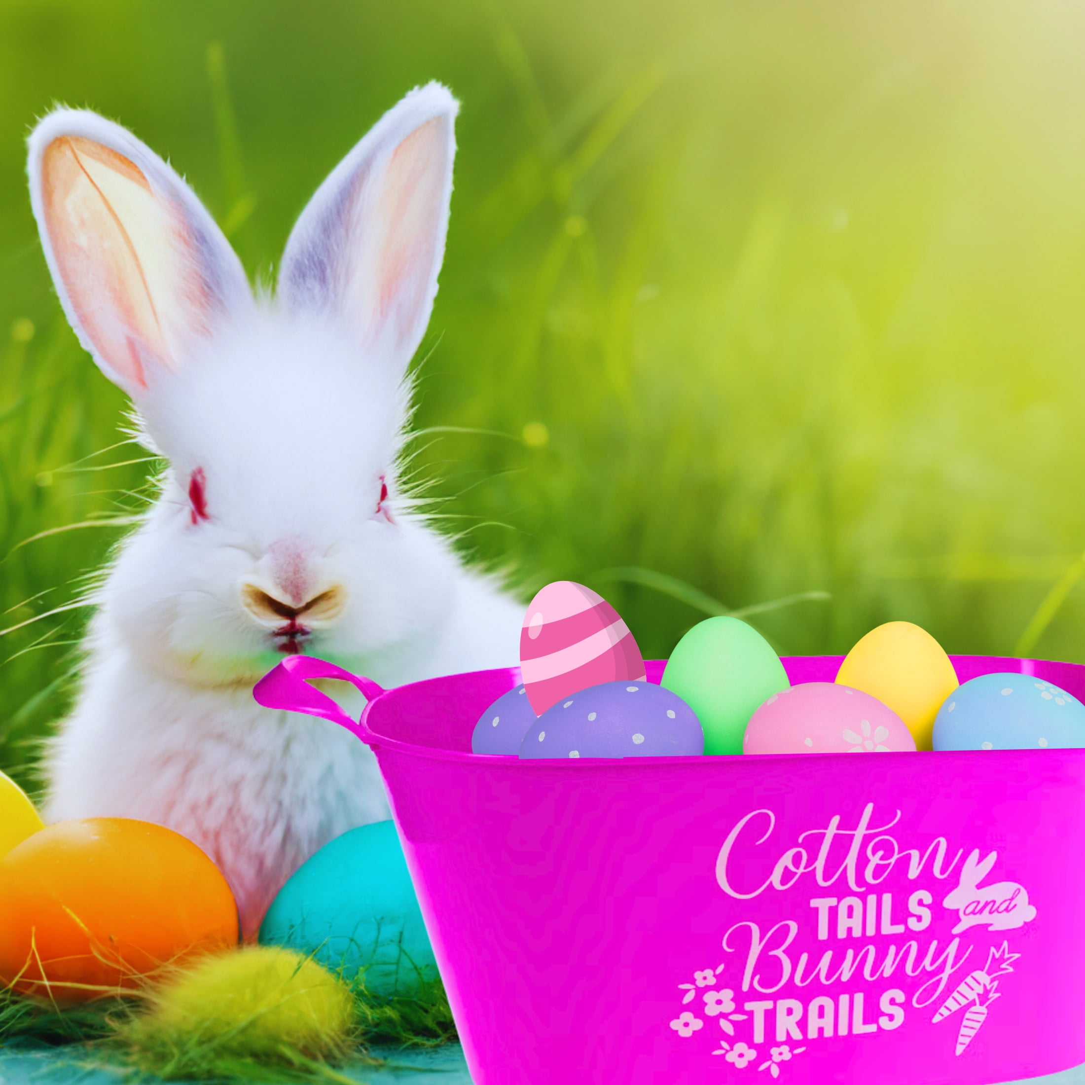 (4) Easter Printed Basket Set with Handles, 15.82x6.57 in. Plastic Spring-Themed Buckets Party Favors Treats Egg Hunts Container Holiday Baskets Decorative Box Gift Home Organizer Color May Vary
