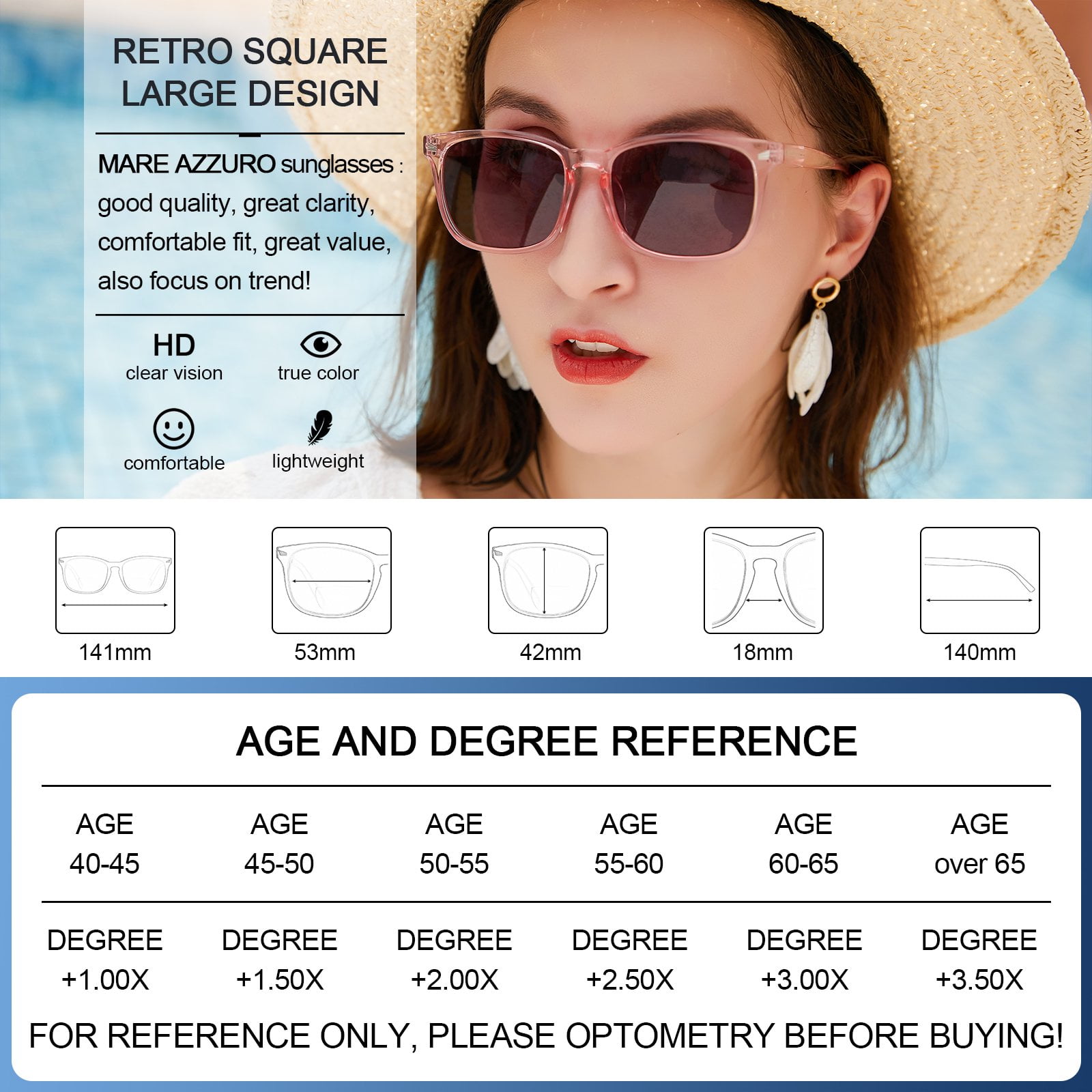 MARE AZZURO Bifocal Reading Sunglasses Women Trendy Square Outdoor Readers 0.0 1.0 1.5 2.0 2.5 3.0 3.5 4.0 (Pink, 1.00)