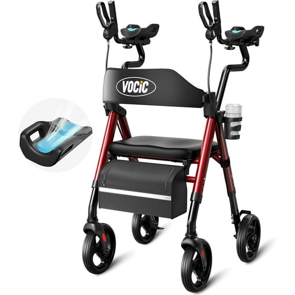 VOCIC Z22 Upright Rollator Walker with Adjustable Armrests & GelCool Seat, 300lb Capacity, 8" All-Terrain Wheels, Cup/Cane Holder-Red