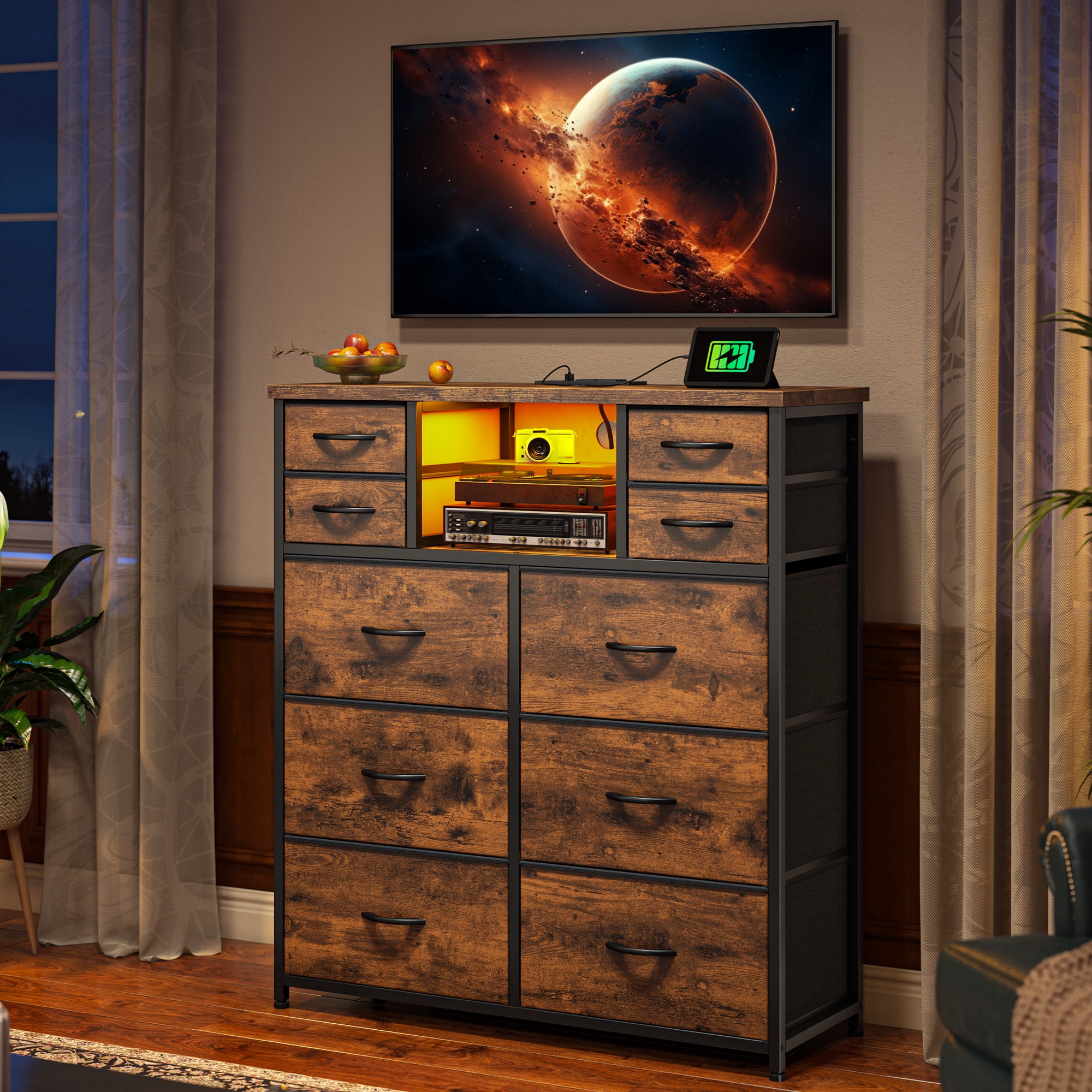 Romorgniz Tall Dresser for Bedroom with 10 Drawers Featuring LED Lights & Power Outlet Fabric Dressers & Chest of Drawers with Open Shelves, Rustic Brown