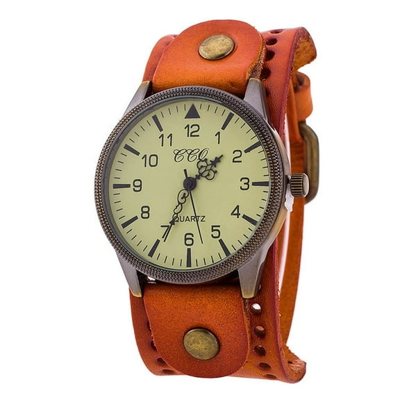 Guodhu Vintage Wide Leather Strap Band Quartz Unisex Watch, Retro Punk Cuff Watches for Men and Women