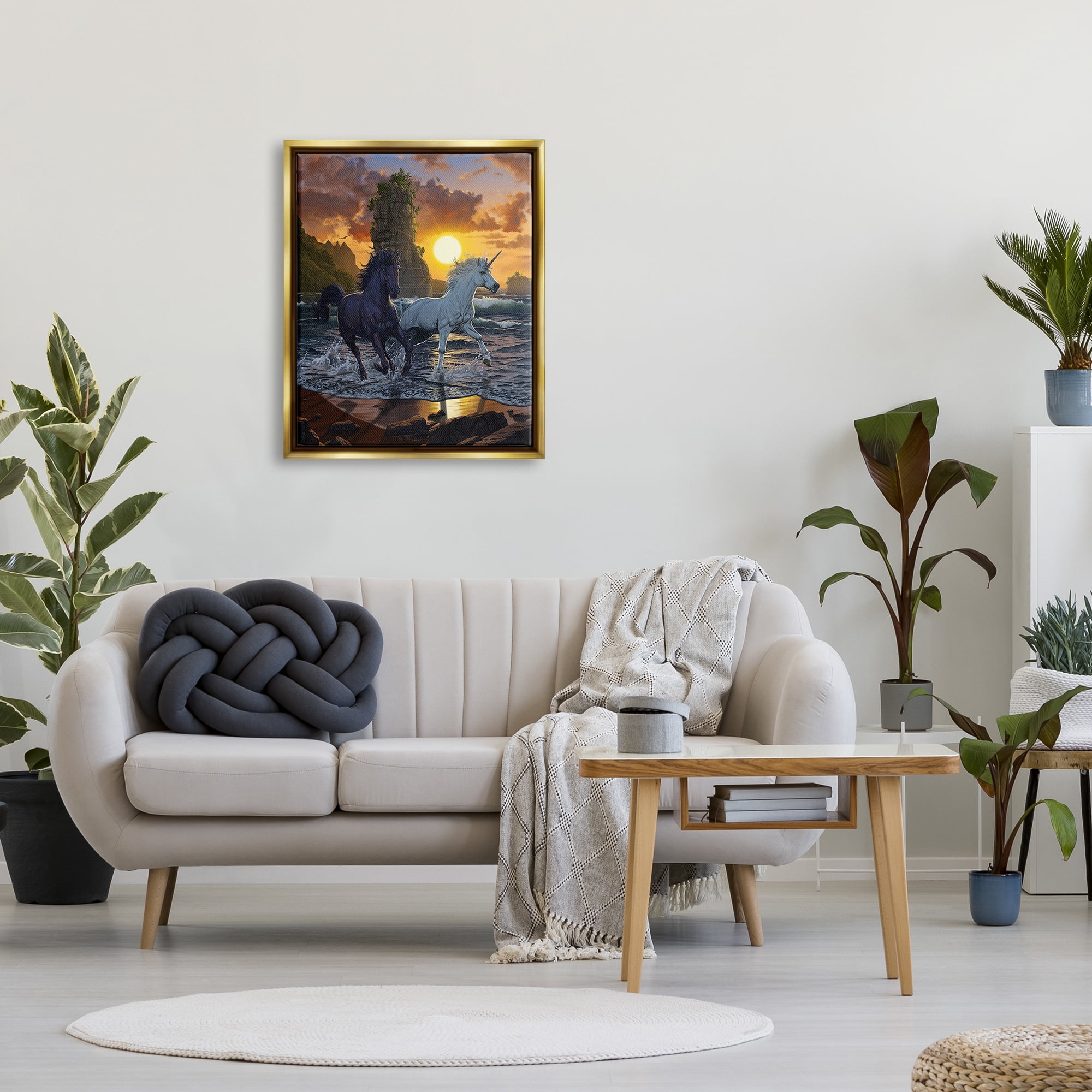 Stupell Industries Unicorns in Sunset Fairy Tales & Fantasy Painting Gold Floater Framed Canvas Art Print Wall Art, 25 x 31