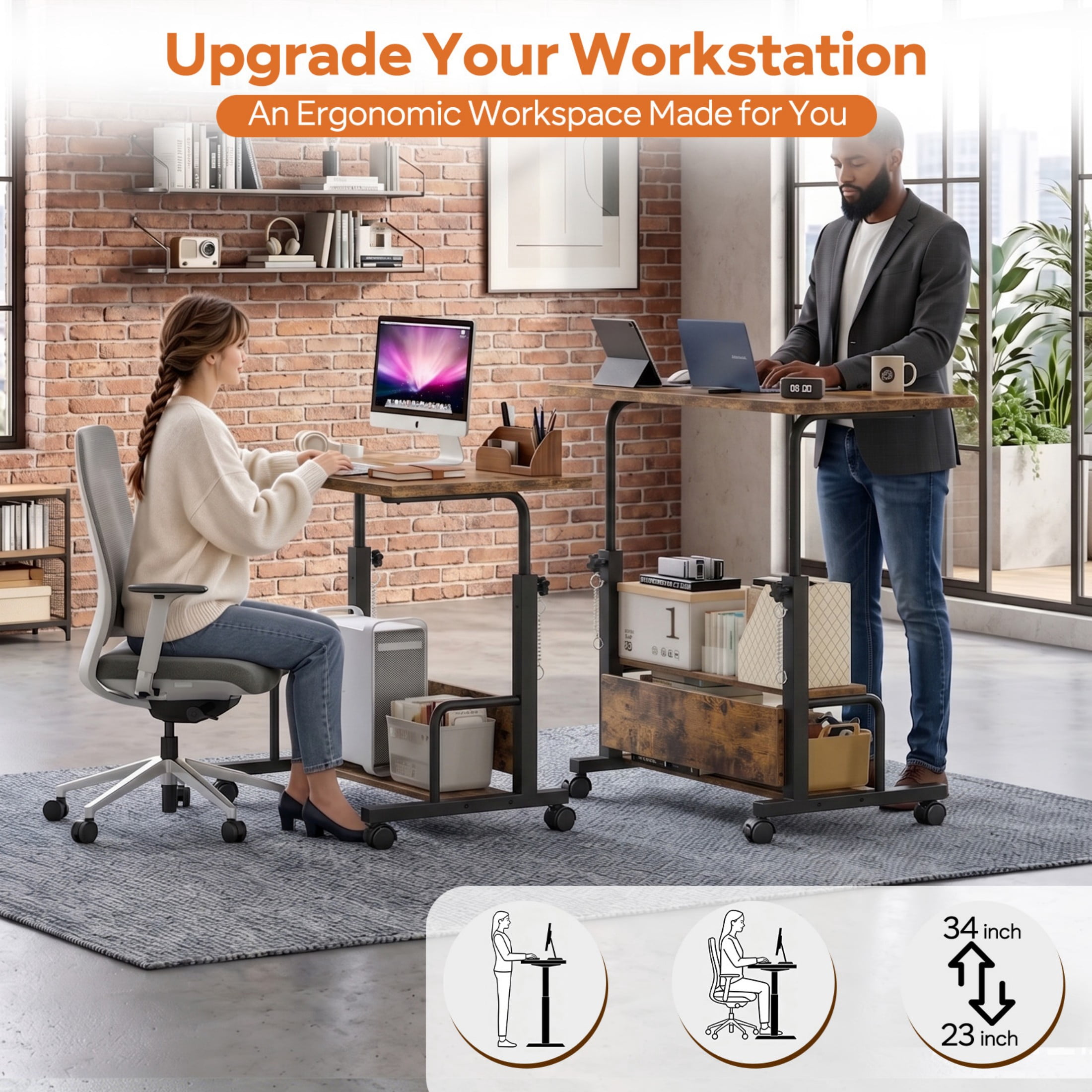 CONCETTA 31.5'' Adjustable Height Rolling Computer Desk with Storage Shelves, Portable Mobile Desk for Small Spaces Home Office, Rust