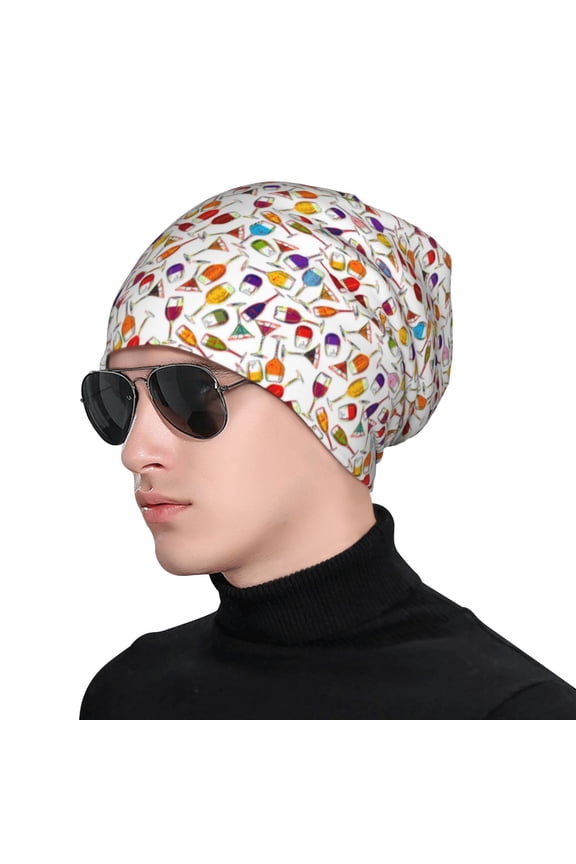 Drink And Cocktail Glasses Print Beanie Knitted Hat for Men Women, Winter Fashion Knit Cuffed Caps Unisex
