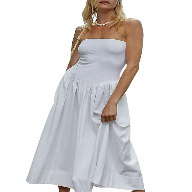 Women Midi Dress Summer Strapless Patchwork Solid Color Dress