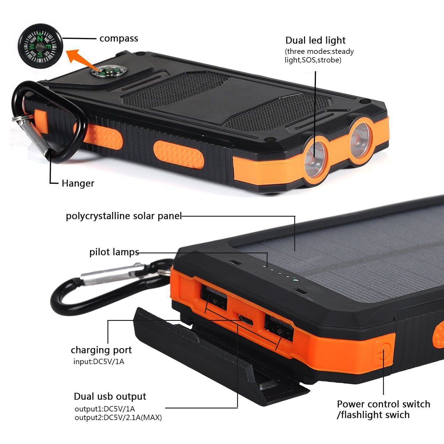 Powernews Waterproof 500000mAh Dual USB Portable Solar Charger Solar Power  Bank for Phone