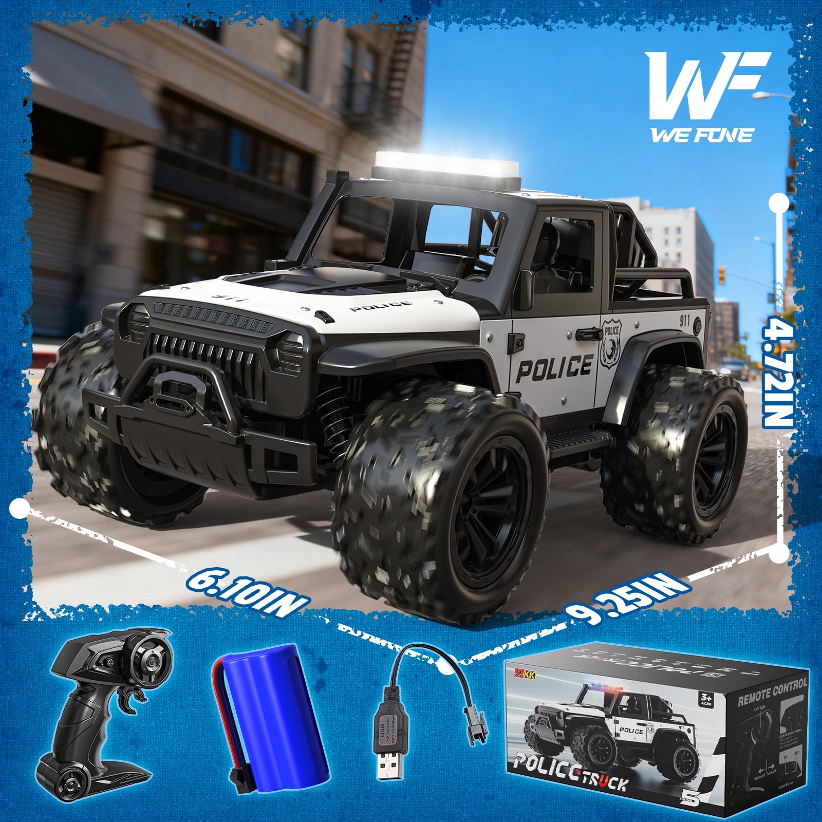 WeFone 1:16 Remote Control Car, 2.4GHz 20KM/H Speed RC Truck with LED Headlight, Off-Road RC Truck, 2 Batteries, Outdoor Play, Best Gift for Kids