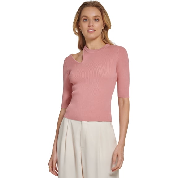Women's Shoulder-Cutout Elbow-Sleeve Sweater Rouge Blush M