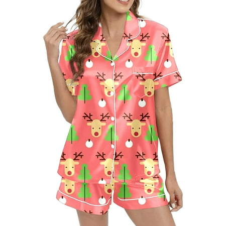 JIANJIA Womens Pajama Sets Christmas Santa Print Silk Satin Lapel Short Sleeve Tops With Shorts Sleepwear Daily-Wear
