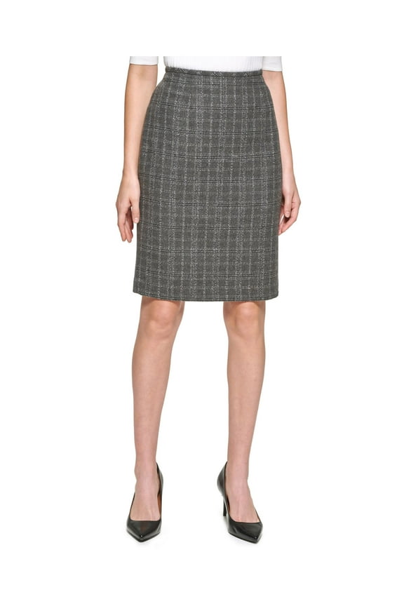 Womens Silver Zippered Slitted Darted Lined Plaid Above The Knee Wear To Work Pencil Skirt Petites 14P