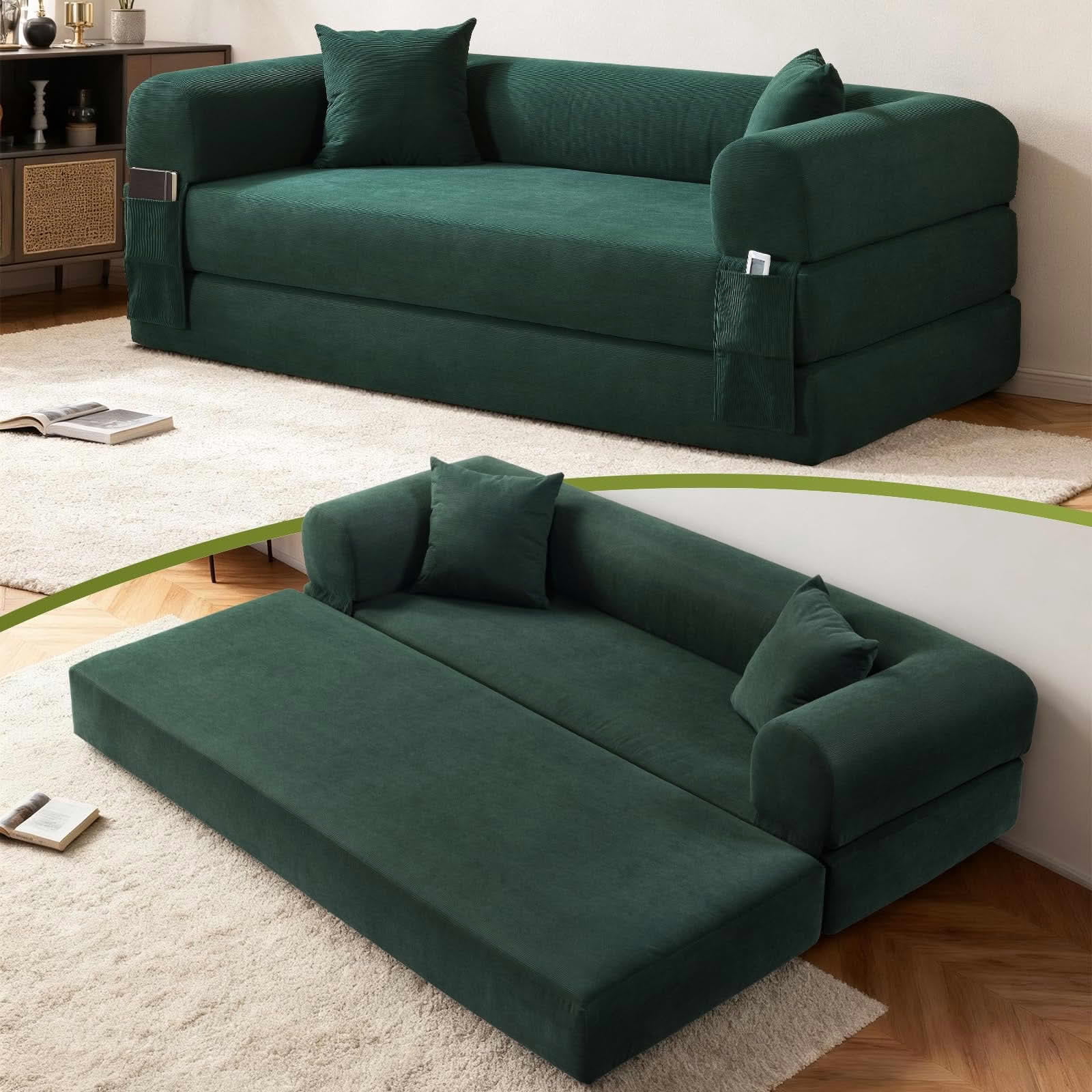 MAYEERTY 80" Dark Green Corduroy Convertible Sofa Bed, 600lbs Queen Size Fold Out Sleeper Couch with Storage & No Assembly for Living Room