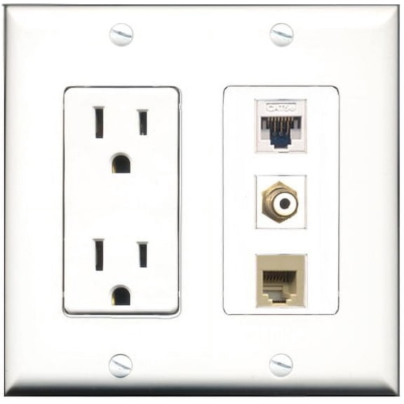 RiteAV - 15 Amp Power Outlet 1 Port RCA White 1 Port Phone Beige 1 Port Cat5e Ethernet White Decorative Wall Plate