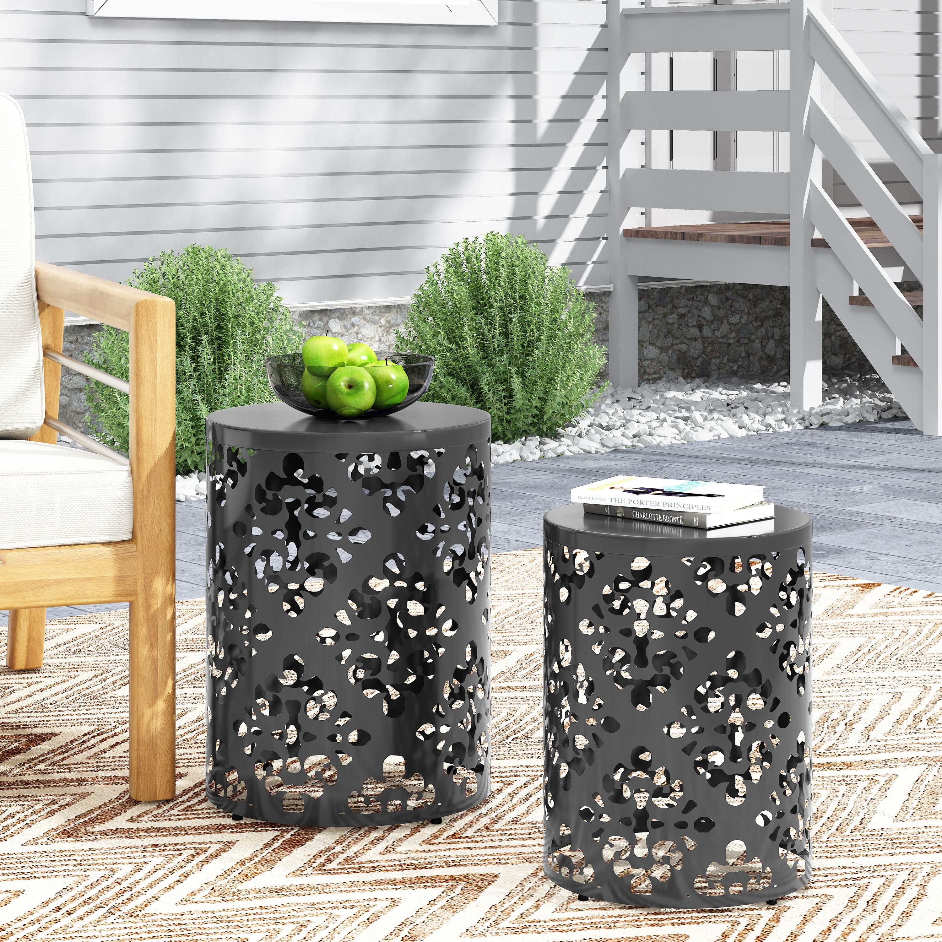 Outdoor Nesting Side Table Set of 2, Cylindrical Floral Pattern Structure for Patio Garden, Black