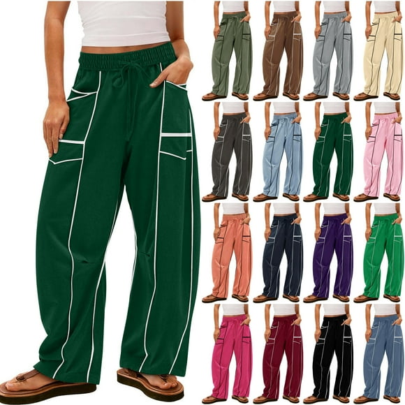QIUOMBBP Womens Baggy Wide Leg Sweatpants Fashion Contrast Patchwork Drawstring Sweat Pants Barrel Lounge Trousers Teen Girls Clothes, Navy, S