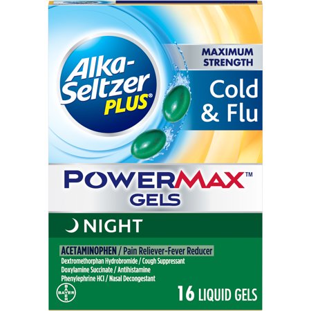 Alka-Seltzer Plus Maximum Strength Cold & Flu Power Max Gels Night, 16 Liquid