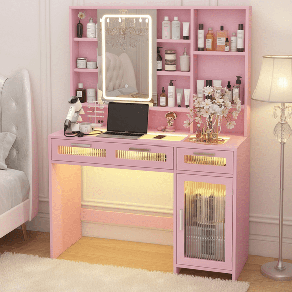 Danpinera Home 43" Pink Vanity Desk with Mirror and Lights, Glass Top Makeup Vanity with Power Outlets, 2 Drawers, 10 Shelves & Acrylic Cabinet